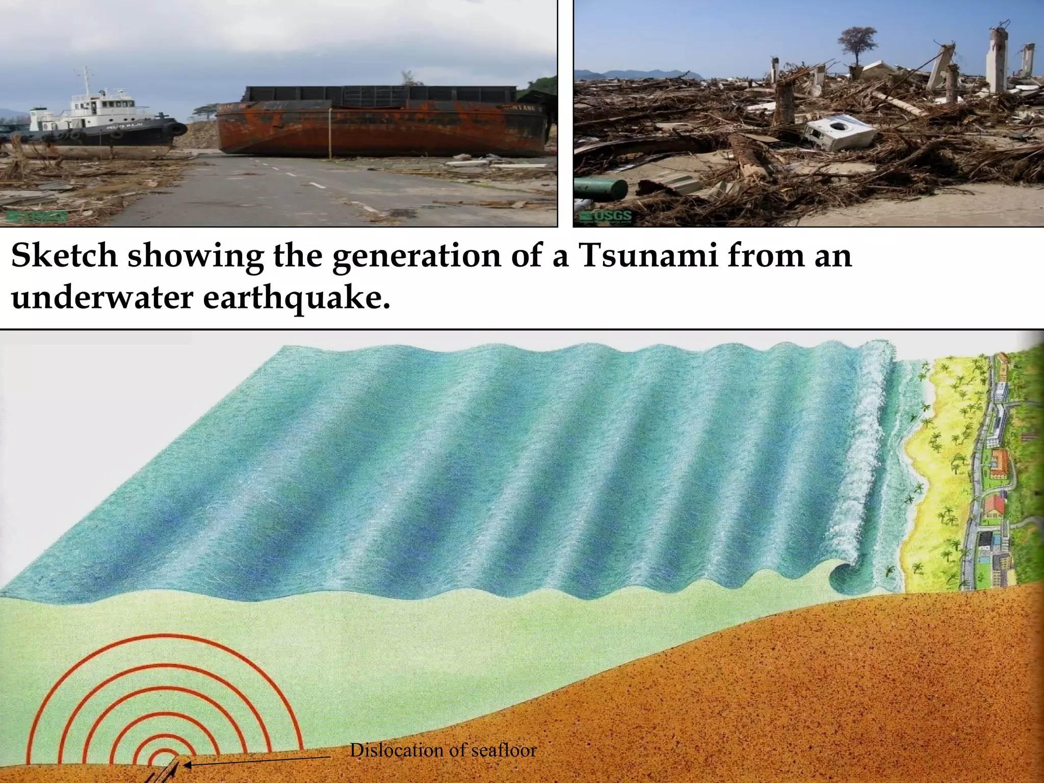 Sketch showing the generation of a Tsunami from an
underwater earthquake.
Dislocation of seafloor
 