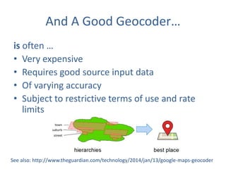 And A Good Geocoder…
is often …
• Very expensive
• Requires good source input data
• Of varying accuracy
• Subject to restrictive terms of use and rate
limits

See also: http://www.theguardian.com/technology/2014/jan/13/google-maps-geocoder

 