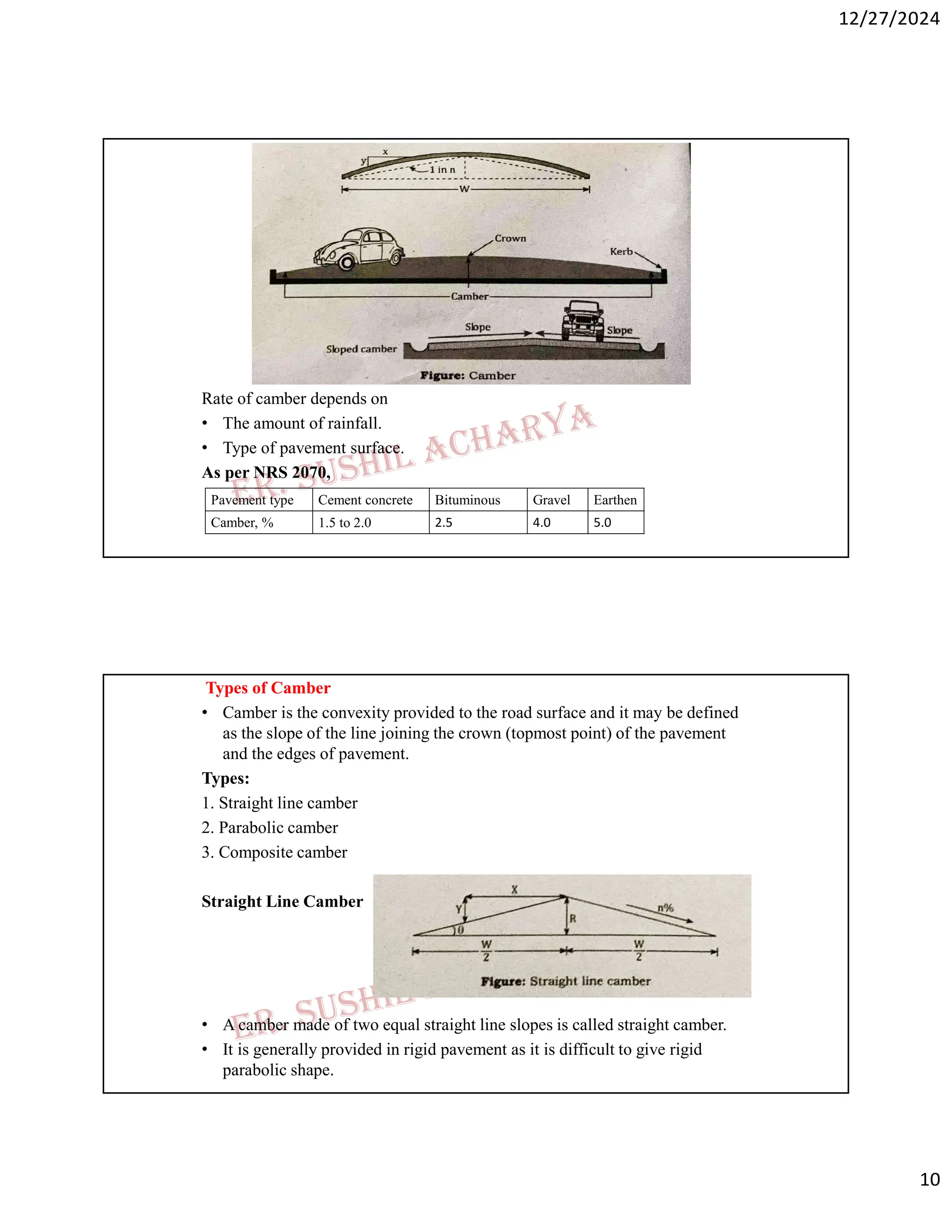 12/27/2024
10
Rate of camber depends on
• The amount of rainfall.
• Type of pavement surface.
As per NRS 2070,
Earthen
Gravel
Bituminous
Cement concrete
Pavement type
5.0
4.0
2.5
1.5 to 2.0
Camber, %
Types of Camber
• Camber is the convexity provided to the road surface and it may be defined
as the slope of the line joining the crown (topmost point) of the pavement
and the edges of pavement.
Types:
1. Straight line camber
2. Parabolic camber
3. Composite camber
Straight Line Camber
• A camber made of two equal straight line slopes is called straight camber.
• It is generally provided in rigid pavement as it is difficult to give rigid
parabolic shape.
 