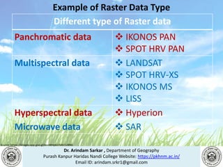 Dr. Arindam Sarkar , Department of Geography
Purash Kanpur Haridas Nandi College Website: https://pkhnm.ac.in/
Email ID: arindam.srkr1@gmail.com
Source: https://images.app.goo.gl/eaoWHpkn7eRJ1UBN6
Example of Raster Data Type
Different type of Raster data
Panchromatic data  IKONOS PAN
 SPOT HRV PAN
Multispectral data  LANDSAT
 SPOT HRV-XS
 IKONOS MS
 LISS
Hyperspectral data  Hyperion
Microwave data  SAR
 