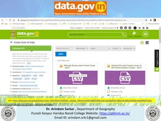 Dr. Arindam Sarkar , Department of Geography
Purash Kanpur Haridas Nandi College Website: https://pkhnm.ac.in/
Email ID: arindam.srkr1@gmail.com
Source: https://images.app.goo.gl/eaoWHpkn7eRJ1UBN6
Link: https://data.gov.in/catalog/forest-cover-india?filters%5Bfield_catalog_reference%5D=88091&format=json&offset=0&limit=6&sort%5Bcreated%5D=desc
 