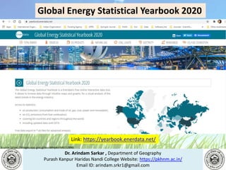 Dr. Arindam Sarkar , Department of Geography
Purash Kanpur Haridas Nandi College Website: https://pkhnm.ac.in/
Email ID: arindam.srkr1@gmail.com
Source: https://images.app.goo.gl/eaoWHpkn7eRJ1UBN6
Global Energy Statistical Yearbook 2020
Link: https://yearbook.enerdata.net/
 