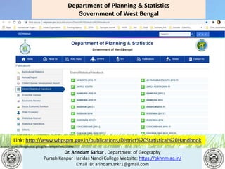 Dr. Arindam Sarkar , Department of Geography
Purash Kanpur Haridas Nandi College Website: https://pkhnm.ac.in/
Email ID: arindam.srkr1@gmail.com
Source: https://images.app.goo.gl/eaoWHpkn7eRJ1UBN6
Link: http://www.wbpspm.gov.in/publications/District%20Statistical%20Handbook
Department of Planning & Statistics
Government of West Bengal
 