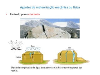 Efeito da congelação da água que penetra nas fissuras e nos poros das
rochas.
Agentes de meteorização mecânica ou física
• Efeito do gelo – crioclastia
 