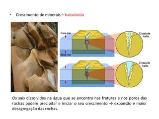 • Crescimento de minerais – haloclastia
Os sais dissolvidos na água que se encontra nas fraturas e nos poros das
rochas podem precipitar e iniciar o seu crescimento → expansão e maior
desagregação das rochas.
 