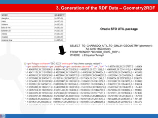3. Generation of the RDF Data – Geometry2RDFOracle STO UTIL package SELECT  TO_CHAR(SDO_UTIL.TO_GML311GEOMETRY(geometry)) 	AS Gml311GeometryFROM "BCN200"."BCN200_0301L_RIO" cWHERE   c.Etiqueta='Arroyo'