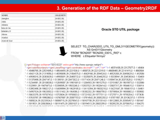 3. Generation of the RDF Data – Geometry2RDF<br />Oracle STO UTIL package <br />SELECT  TO_CHAR(SDO_UTIL.TO_GML311GEOMETRY...