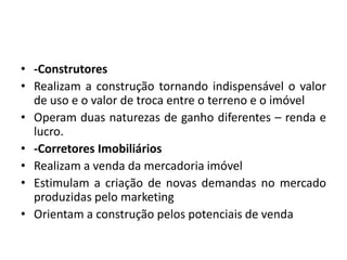 -ConstrutoresRealizam a construção tornando indispensável o valor de uso e o valor de troca entre o terreno e o imóvelOperam duas naturezas de ganho diferentes – renda e lucro.-Corretores ImobiliáriosRealizam a venda da mercadoria imóvelEstimulam a criação de novas demandas no mercado produzidas pelo marketingOrientam a construção pelos potenciais de venda