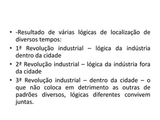 -Resultado de várias lógicas de localização de diversos tempos:1ª Revolução industrial – lógica da indústria dentro da cidade2ª Revolução industrial – lógica da indústria fora da cidade3ª Revolução industrial – dentro da cidade – o que não coloca em detrimento as outras de padrões diversos, lógicas diferentes convivem juntas.