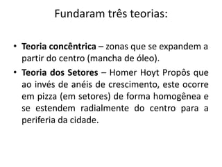 Fundaram três teorias:Teoria concêntrica – zonas que se expandem a partir do centro (mancha de óleo).Teoria dos Setores – Homer HoytPropôs que ao invés de anéis de crescimento, este ocorre em pizza (em setores) de forma homogênea e se estendem radialmente do centro para a periferia da cidade. 
