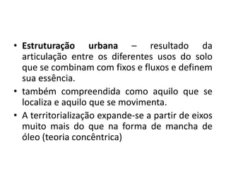 Estruturação urbana – resultado da articulação entre os diferentes usos do solo que se combinam com fixos e fluxos e definem sua essência.também compreendida como aquilo que se localiza e aquilo que se movimenta.A territorialização expande-se a partir de eixos muito mais do que na forma de mancha de óleo (teoria concêntrica)