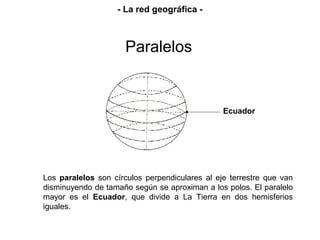 Los paralelos son círculos perpendiculares al eje terrestre que van
disminuyendo de tamaño según se aproximan a los polos. El paralelo
mayor es el Ecuador, que divide a La Tierra en dos hemisferios
iguales.
Ecuador
Paralelos
- La red geográfica -
 