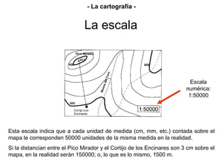 Esta escala indica que a cada unidad de medida (cm, mm, etc.) contada sobre el
mapa le corresponden 50000 unidades de la misma medida en la realidad.
Si la distancian entre el Pico Mirador y el Cortijo de los Encinares son 3 cm sobre el
mapa, en la realidad serán 150000; o, lo que es lo mismo, 1500 m.
Escala
numérica:
1:50000
La escala
- La cartografía -
 