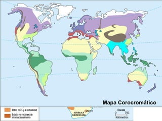 Mapas temáticos
- Fuentes de información geográfica -
 Mapas de isolíneas
 Mapas de diagramas
 Mapas de flechas o líneas (flujos)
 Mapas de coropletas Mapas de coropletas;
mapas corocromáticos
Mapa Corocromático
 