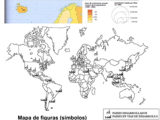 Mapas temáticos
- Fuentes de información geográfica -
 Mapas de isolíneas
 Mapas de diagramas
 Mapas de flechas o líneas (flujos)
 Mapas de coropletas
 Mapas anamórficos
 Mapas de figuras
Mapa de figuras (símbolos)
 