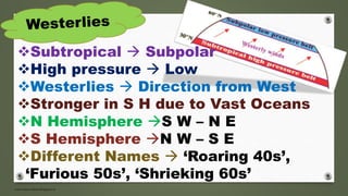 www.masocialma.blogspot.in
Subtropical  Subpolar
High pressure  Low
Westerlies  Direction from West
Stronger in S H due to Vast Oceans
N Hemisphere S W – N E
S Hemisphere N W – S E
Different Names  ‘Roaring 40s’,
‘Furious 50s’, ‘Shrieking 60s’
 