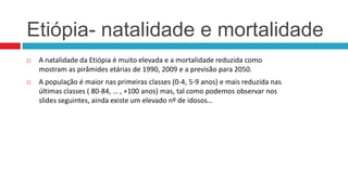 Etiópia- natalidade e mortalidade


A natalidade da Etiópia é muito elevada e a mortalidade reduzida como
mostram as pirâmides etárias de 1990, 2009 e a previsão para 2050.



A população é maior nas primeiras classes (0-4, 5-9 anos) e mais reduzida nas
últimas classes ( 80-84, … , +100 anos) mas, tal como podemos observar nos
slides seguintes, ainda existe um elevado nº de idosos…

 