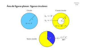 Matemáticas
3º ESO
Área de figuras planas: figuras circulares
Sector circular
Corona circularCírculo
·
r
A =  · r2
·
R
r
...