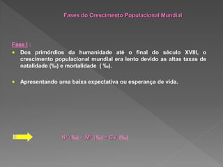 Fase I :
• Dos primórdios da humanidade até o final do século XVIII, o
crescimento populacional mundial era lento devido as altas taxas de
natalidade (‰) e mortalidade ( ‰).
• Apresentando uma baixa expectativa ou esperança de vida.
Fases do Crescimento Populacional Mundial
N+ (‰) - M+ (‰) = CV (‰)
 
