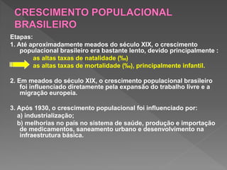 Etapas:
1. Até aproximadamente meados do século XIX, o crescimento
populacional brasileiro era bastante lento, devido principalmente :
as altas taxas de natalidade (‰)
as altas taxas de mortalidade (‰), principalmente infantil.
2. Em meados do século XIX, o crescimento populacional brasileiro
foi influenciado diretamente pela expansão do trabalho livre e a
migração europeia.
3. Após 1930, o crescimento populacional foi influenciado por:
a) industrialização;
b) melhorias no país no sistema de saúde, produção e importação
de medicamentos, saneamento urbano e desenvolvimento na
infraestrutura básica.
 