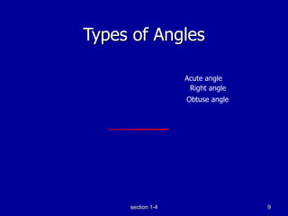 section 1-4 9
Types of Angles
Acute angle
Obtuse angle
Right angle
 