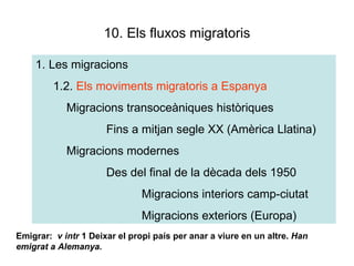 10. Els fluxos migratoris Les migracions 1.2.  Els moviments migratoris a Espanya Migracions transoceàniques històriques Fins a mitjan segle XX (Amèrica Llatina) Migracions modernes Des del final de la dècada dels 1950 Migracions interiors camp-ciutat Migracions exteriors (Europa) Emigrar:   v   intr  1 Deixar el propi país per anar a viure en un altre.  Han emigrat a Alemanya.   