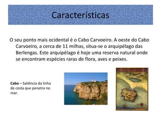 Características
O seu ponto mais ocidental é o Cabo Carvoeiro. A oeste do Cabo
Carvoeiro, a cerca de 11 milhas, situa-se o arquipélago das
Berlengas. Este arquipélago é hoje uma reserva natural onde
se encontram espécies raras de flora, aves e peixes.

Cabo – Saliência da linha
de costa que penetra no
mar.

 