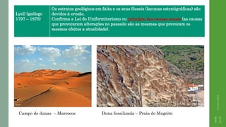 Correia2015
11
Lyell (geólogo
1797 – 1875)
Os estratos geológicos em falta e os seus fósseis (lacunas estratigráficas) são
devidos à erosão.
Confirma a Lei do Uniformitarismo ou princípio das causas atuais (as causas
que provocaram alterações no passado são as mesmas que provocam os
mesmos efeitos a atualidade).
Duna fossilizada – Praia do MagoitoCampo de dunas – Marrocos
 