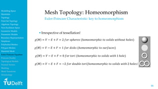 5050
Mesh Topology: Homeomorphism
Euler-Poincare Characteristic: key to homeomorphism
• Irrespective of tessellation!
𝜒 𝑀 ...