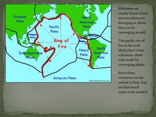  Volcanoes are
mostly found where
tectonic plates are
diverging or where
they can be
converging as well.
 The pacific rim of
fire is the most
likely place to see
volcanoes, these
were made by
converging plates.
 Since these
volcanoes are the
easiest to find, they
are that much
easier to be studied.
 