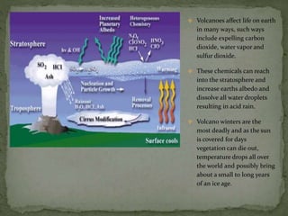  Volcanoes affect life on earth
in many ways, such ways
include expelling carbon
dioxide, water vapor and
sulfur dioxide.
 These chemicals can reach
into the stratosphere and
increase earths albedo and
dissolve all water droplets
resulting in acid rain.
 Volcano winters are the
most deadly and as the sun
is covered for days
vegetation can die out,
temperature drops all over
the world and possibly bring
about a small to long years
of an ice age.
 