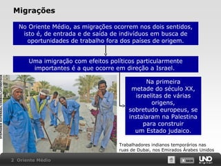 Migrações
No Oriente Médio, as migrações ocorrem nos dois sentidos,
isto é, de entrada e de saída de indivíduos em busca de
oportunidades de trabalho fora dos países de origem.

STEPHANIE KUYENDAL/CORBIS/LATINSTOCK

Uma imigração com efeitos políticos particularmente
importantes é a que ocorre em direção a Israel.
Na primeira
metade do século XX,
israelitas de várias
origens,
sobretudo europeus, se
instalaram na Palestina
para construir
um Estado judaico.
Trabalhadores indianos temporários nas
ruas de Dubai, nos Emirados Árabes Unidos
2 Oriente Médio

X SAIR
SAIR

 