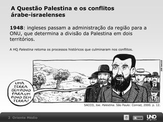 A Questão Palestina e os conflitos
árabe-israelenses
1948: ingleses passam a administração da região para a
ONU, que determina a divisão da Palestina em dois
territórios.

JOE SACCO

A HQ Palestina retoma os processos históricos que culminaram nos conflitos.

SACCO, Joe. Palestina. São Paulo: Conrad, 2000. p. 12.

2 Oriente Médio

X SAIR
SAIR

 