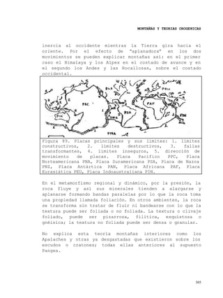 MONTAÑAS Y TEORIAS OROGENICAS



inercia al occidente mientras la Tierra gira hacia el
oriente. Por el efecto de “aplanadora” en los dos
movimientos se pueden explicar montañas así: en el primer
caso el Himalaya y los Alpes en el costado de avance y en
el segundo los Andes y las Rocallosas, sobre el costado
occidental.




Figura 89. Placas principales y sus límites: 1. límites
constructivos,   2.   límites   destructivos,  3.   fallas
transformantes, 4. limites inseguros, 5. dirección de
movimiento   de   placas.   Placa   Pacífico  PPC,   Placa
Norteamericana PNA, Placa Suramericana PSA, Placa de Nazca
PNZ, Placa Antártica PAN, Placa Africana PAF, Placa
Eurasiática PEU, Placa Indoaustraliana PIN.

En el metamorfismo regional y dinámico, por la presión, la
roca fluye y así sus minerales tienden a alargarse y
aplanarse formando bandas paralelas por lo que la roca toma
una propiedad llamada foliación. En otros ambientes, la roca
se transforma sin tratar de fluir ni bandearse con lo que la
textura puede ser foliada o no foliada. La textura o clivaje
foliado, puede ser pizarrosa, filítica, esquistosa o
gnéisica; la textura no foliada puede ser densa o granular.

No explica esta teoría montañas interiores como los
Apalaches y otras ya desgastadas que existieron sobre los
escudos o cratones; todas ellas anteriores al supuesto
Pangea.




                                                             305
 