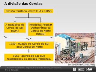 A divisão das Coreias
Divisão territorial entre EUA e URSS

República Popular
Democrática da
Coreia do Norte
(URSS)

JO YONG-HAK/REUTERS/LATINSTOCK

A República da
Coreia do Sul
(EUA)

1950: invasão da Coreia do Sul
pela Coreia do Norte
1953: acordo de paz que
restabeleceu as antigas fronteiras.

Zona Desmilitarizada (2008)
2 Extremo Oriente: Japão, Coreia do Norte, Coreia do
Sul e Taiwan

X SAIR
SAIR

 