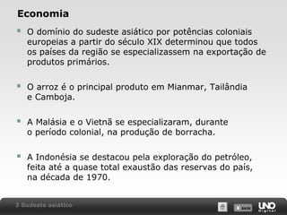 Economia



O domínio do sudeste asiático por potências coloniais
europeias a partir do século XIX determinou que todos
os países da região se especializassem na exportação de
produtos primários.



O arroz é o principal produto em Mianmar, Tailândia
e Camboja.



A Malásia e o Vietnã se especializaram, durante
o período colonial, na produção de borracha.



A Indonésia se destacou pela exploração do petróleo,
feita até a quase total exaustão das reservas do país,
na década de 1970.

3 Sudeste asiático

X SAIR
SAIR

 