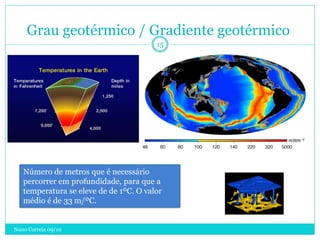 Grau geotérmico / Gradiente geotérmico
                                        15




   Número de metros que é necessário
   percorrer em profundidade, para que a
   temperatura se eleve de de 1ºC. O valor
   médio é de 33 m/ºC.


Nuno Correia 09/10
 