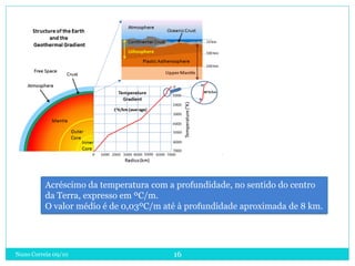 Acréscimo da temperatura com a profundidade, no sentido do centro
          da Terra, expresso em ºC/m.
          O valor médio é de 0,03ºC/m até à profundidade aproximada de 8 km.




Nuno Correia 09/10                      16
 