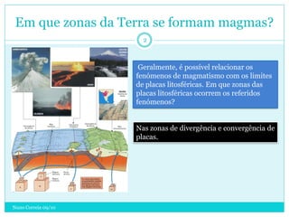 Em que zonas da Terra se formam magmas?
                       2



                      Geralmente, é possível relacionar os
                     fenómenos de magmatismo com os limites
                     de placas litosféricas. Em que zonas das
                     placas litosféricas ocorrem os referidos
                     fenómenos?


                     Nas zonas de divergência e convergência de
                     placas.




Nuno Correia 09/10
 