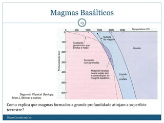 Magmas Basálticos
                                       13




Como explica que magmas formados a grande profundidade atinjam a superfície
terrestre?
Nuno Correia 09/10
 