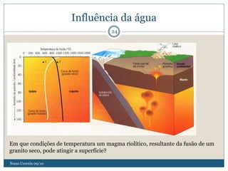 Influência da água
                                      24




Em que condições de temperatura um magma riolítico, resultante da fusão de um
granito seco, pode atingir a superfície?

Nuno Correia 09/10
 