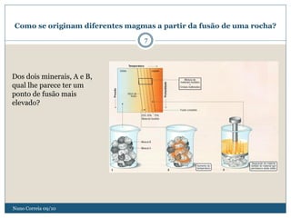 Como se originam diferentes magmas a partir da fusão de uma rocha?
                                7




Dos dois minerais, A e B,
qual lhe parece ter um
ponto de fusão mais
elevado?




Nuno Correia 09/10
 