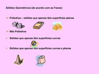 Sólidos Geométricos (de acordo com as Faces): Poliedros – sólidos que apenas têm superfícies planas Não Poliedros Sólidos que apenas têm superfícies curvas Sólidos que apenas têm superfícies curvas e planas   