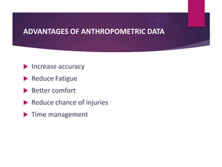 ADVANTAGES OF ANTHROPOMETRIC DATA



Increase accuracy



Reduce Fatigue



Better comfort



Reduce chance of injuries



Time management

 