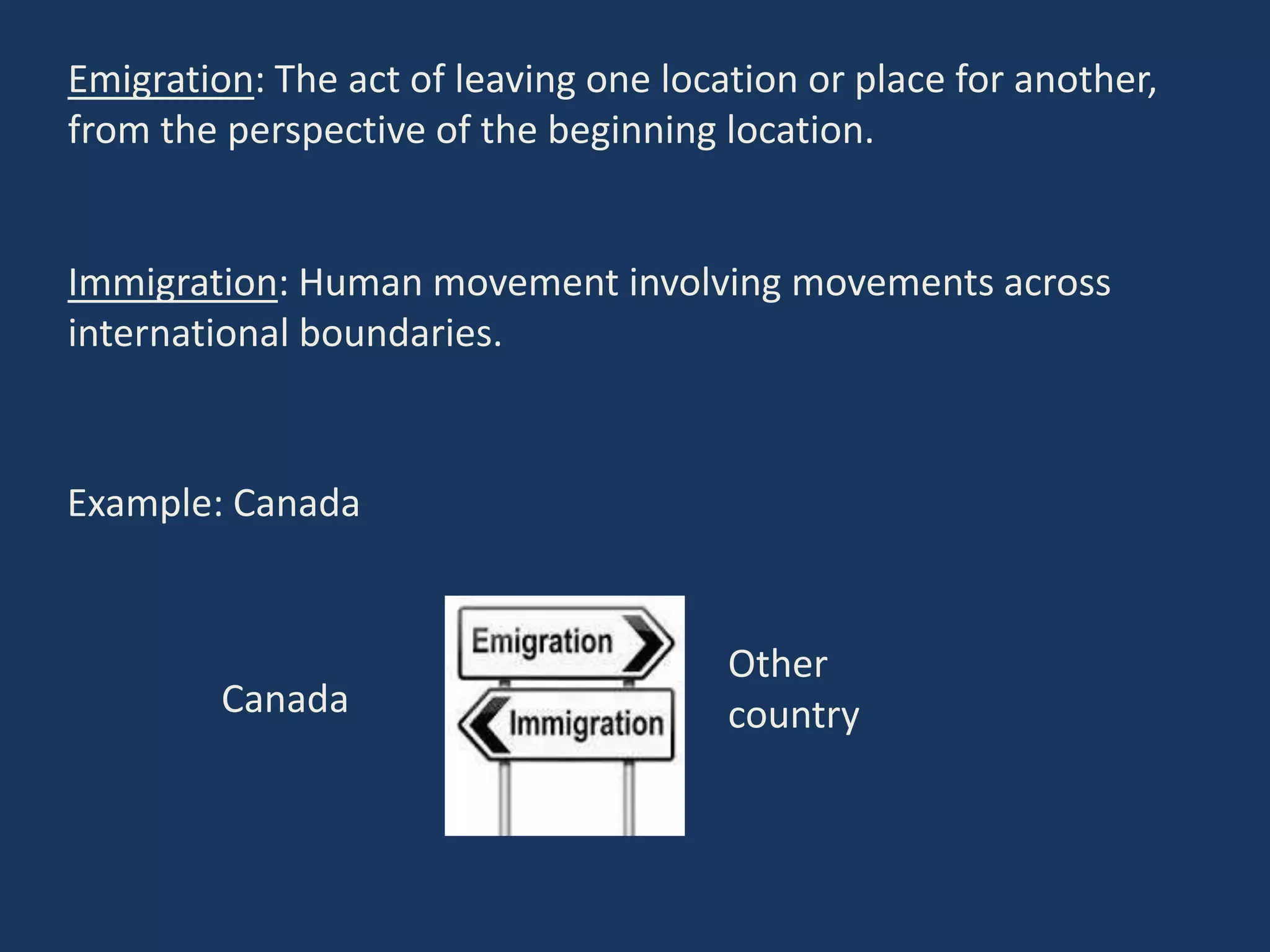 Emigration: The act of leaving one location or place for another,
from the perspective of the beginning location.
Immigration: Human movement involving movements across
international boundaries.
Example: Canada
Canada
Other
country
 