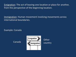 Emigration: The act of leaving one location or place for another,
from the perspective of the beginning location.
Immigration: Human movement involving movements across
international boundaries.
Example: Canada
Canada
Other
country
 