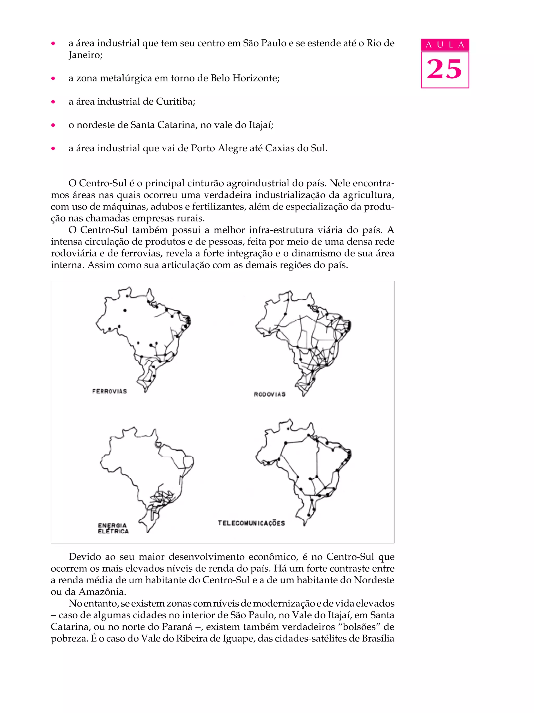 ·   a área industrial que tem seu centro em São Paulo e se estende até o Rio de     A U L A
    Janeiro;

·   a zona metalúrgica em torno de Belo Horizonte;                                  25
·   a área industrial de Curitiba;

·   o nordeste de Santa Catarina, no vale do Itajaí;

·   a área industrial que vai de Porto Alegre até Caxias do Sul.


    O Centro-Sul é o principal cinturão agroindustrial do país. Nele encontra-
mos áreas nas quais ocorreu uma verdadeira industrialização da agricultura,
com uso de máquinas, adubos e fertilizantes, além de especialização da produ-
ção nas chamadas empresas rurais.
    O Centro-Sul também possui a melhor infra-estrutura viária do país. A
intensa circulação de produtos e de pessoas, feita por meio de uma densa rede
rodoviária e de ferrovias, revela a forte integração e o dinamismo de sua área
interna. Assim como sua articulação com as demais regiões do país.




    Devido ao seu maior desenvolvimento econômico, é no Centro-Sul que
ocorrem os mais elevados níveis de renda do país. Há um forte contraste entre
a renda média de um habitante do Centro-Sul e a de um habitante do Nordeste
ou da Amazônia.
    No entanto, se existem zonas com níveis de modernização e de vida elevados
- caso de algumas cidades no interior de São Paulo, no Vale do Itajaí, em Santa
Catarina, ou no norte do Paraná -, existem também verdadeiros “bolsões” de
pobreza. É o caso do Vale do Ribeira de Iguape, das cidades-satélites de Brasília
 