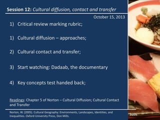 Session 12: Cultural diffusion, contact and transfer
October 15, 2013

1) Critical review marking rubric;
1) Cultural diffusion – approaches;
2) Cultural contact and transfer;
3) Start watching: Dadaab, the documentary
4) Key concepts test handed back;
Readings: Chapter 5 of Norton – Cultural Diffusion; Cultural Contact
and Transfer
Norton, W. (2005). Cultural Geography: Environments, Landscapes, Identities, and
Inequalities. Oxford University Press, Don Mills.

Sushi

 