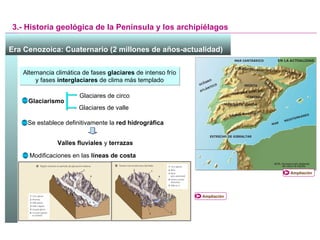 3.- Historia geológica de la Península y los archipiélagos Era Cenozoica: Cuaternario (2 millones de años-actualidad)   Alternancia climática de fases  glaciares  de intenso frío y fases  interglaciares  de clima más templado Glaciarismo Glaciares de circo Glaciares de valle Se establece definitivamente la  red hidrográfica Valles fluviales  y  terrazas Modificaciones en las  líneas de costa Ampliación Ampliación 