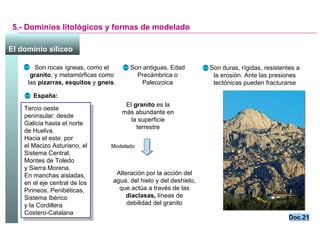 5.- Dominios litológicos y formas de modelado El dominio silíceo   Son rocas ígneas, como el  granito , y metamórficas como las  pizarras, esquitos  y  gneis . Son antiguas, Edad Precámbrica o Paleozoica Son duras, rígidas, resistentes a la erosión. Ante las presiones tectónicas pueden fracturarse España: Tercio oeste peninsular: desde Galicia hasta el norte de Huelva. Hacia el este: por  el Macizo Asturiano, el Sistema Central, Montes de Toledo  y Sierra Morena.  En manchas aisladas, en el eje central de los Pirineos, Penibéticas, Sistema Ibérico  y la Cordillera Costero-Catalana El  granito  es la más abundante en la superficie terrestre Alteración por la acción del agua, del hielo y del deshielo, que actúa a través de las  diaclasas,  líneas de debilidad del granito Doc.21 Modelado 